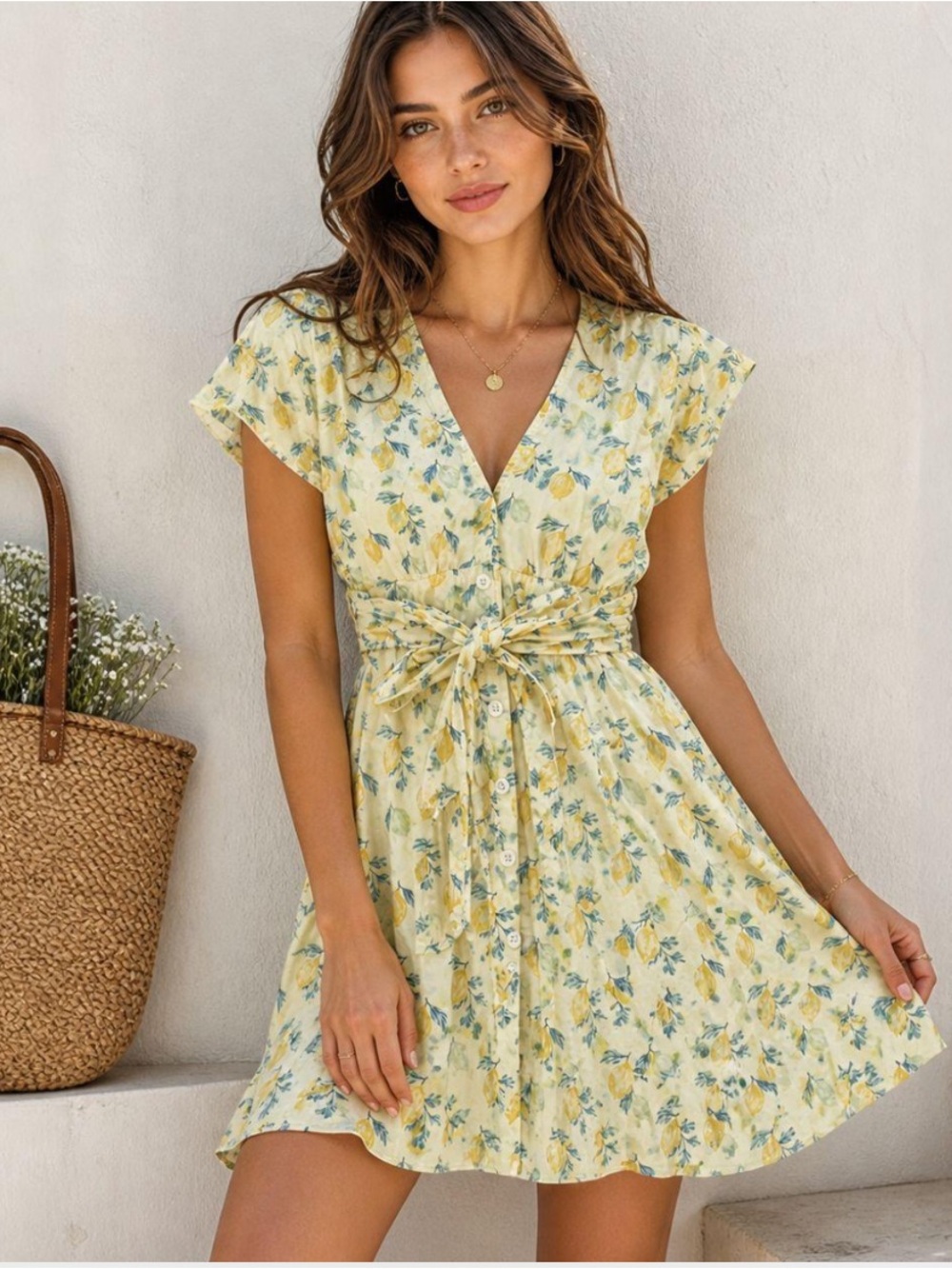 Marine Layer Lemon-Print Wrap Mini Dress in Cream and Yellow